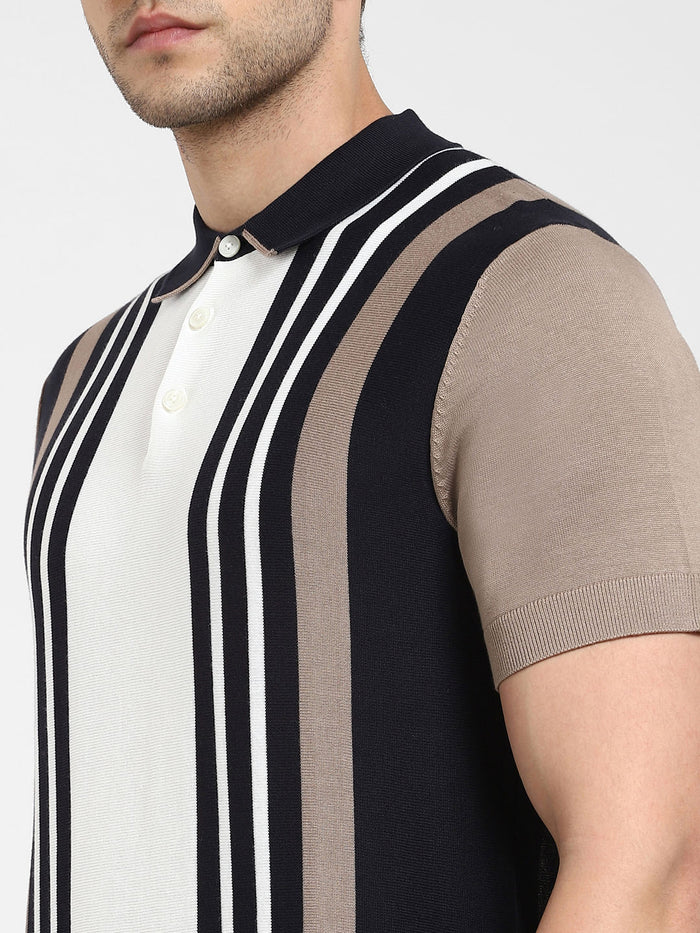Blue Striped Knit Polo T-shirt