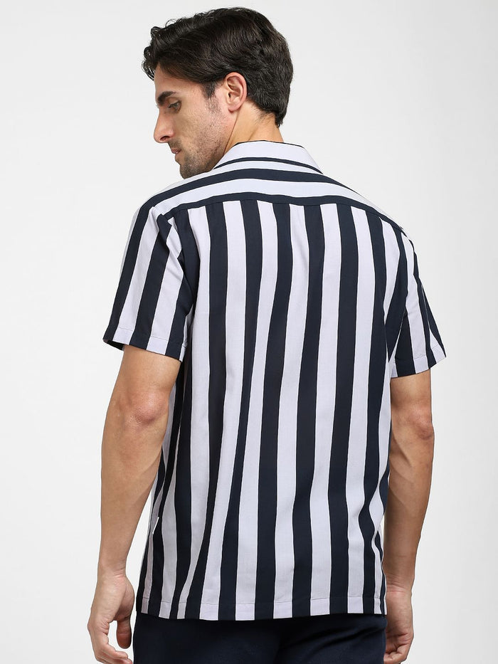 Blue Striped Organic Cotton Cuban Collar Shirt
