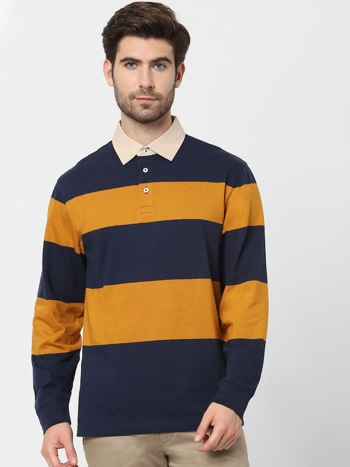 Blue Striped Polo Neck T-Shirt