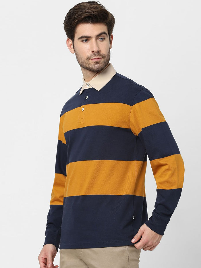 Blue Striped Polo Neck T-Shirt