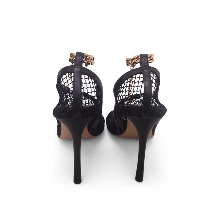 BOTTEGA VENETA BLACK MESH HEELS WITH GOLD CHAIN DETAIL - SIZE 40