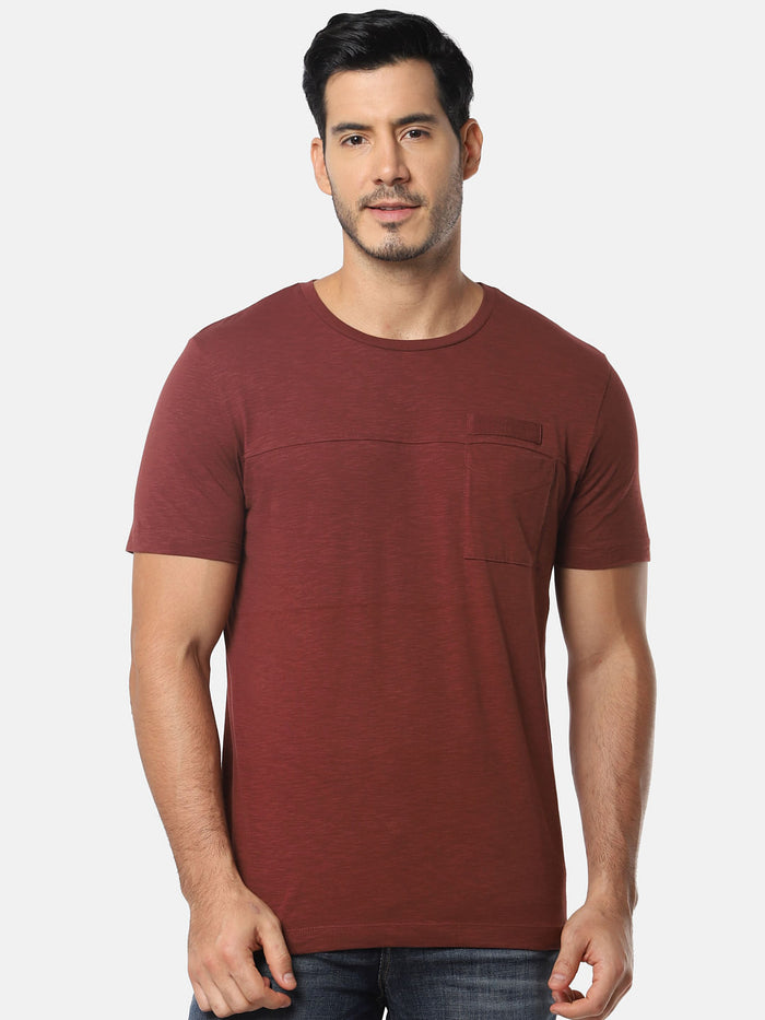 Brown One Pocket Slim Fit Crew Neck T-Shirt