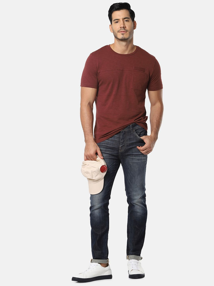 Brown One Pocket Slim Fit Crew Neck T-Shirt