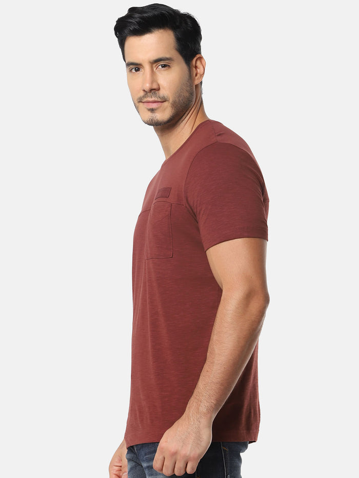 Brown One Pocket Slim Fit Crew Neck T-Shirt