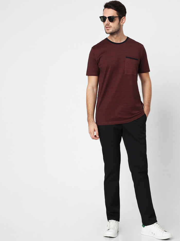 Brown Printed Pocket Crew Neck T-Shirt