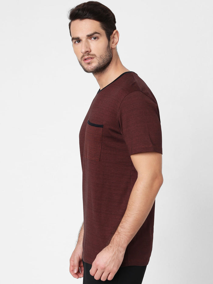 Brown Printed Pocket Crew Neck T-Shirt