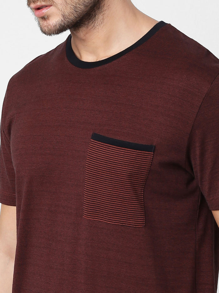 Brown Printed Pocket Crew Neck T-Shirt