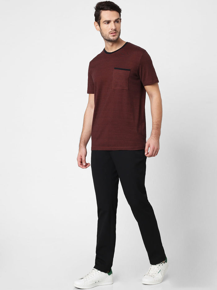 Brown Printed Pocket Crew Neck T-Shirt