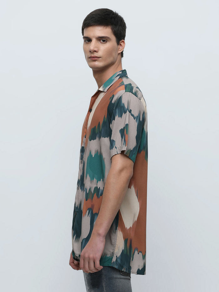 Brown Printed Short Sleeves Shirt