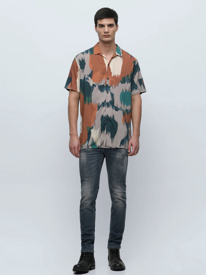 Brown Printed Short Sleeves Shirt