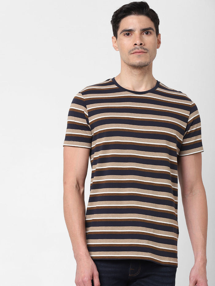 Brown Striped Crew Neck T-Shirt