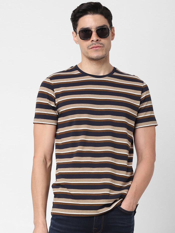 Brown Striped Crew Neck T-Shirt