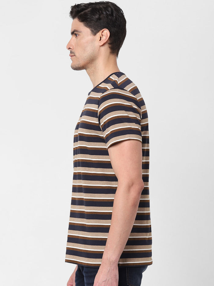 Brown Striped Crew Neck T-Shirt