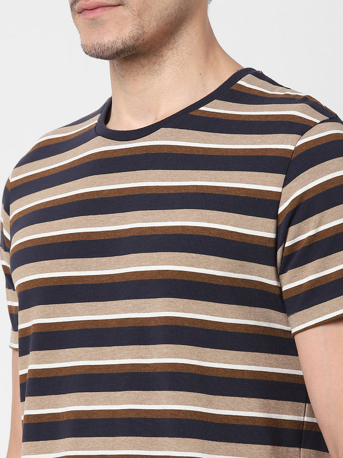 Brown Striped Crew Neck T-Shirt