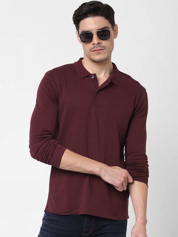 Burgundy Zip-Up Polo Neck T-Shirt