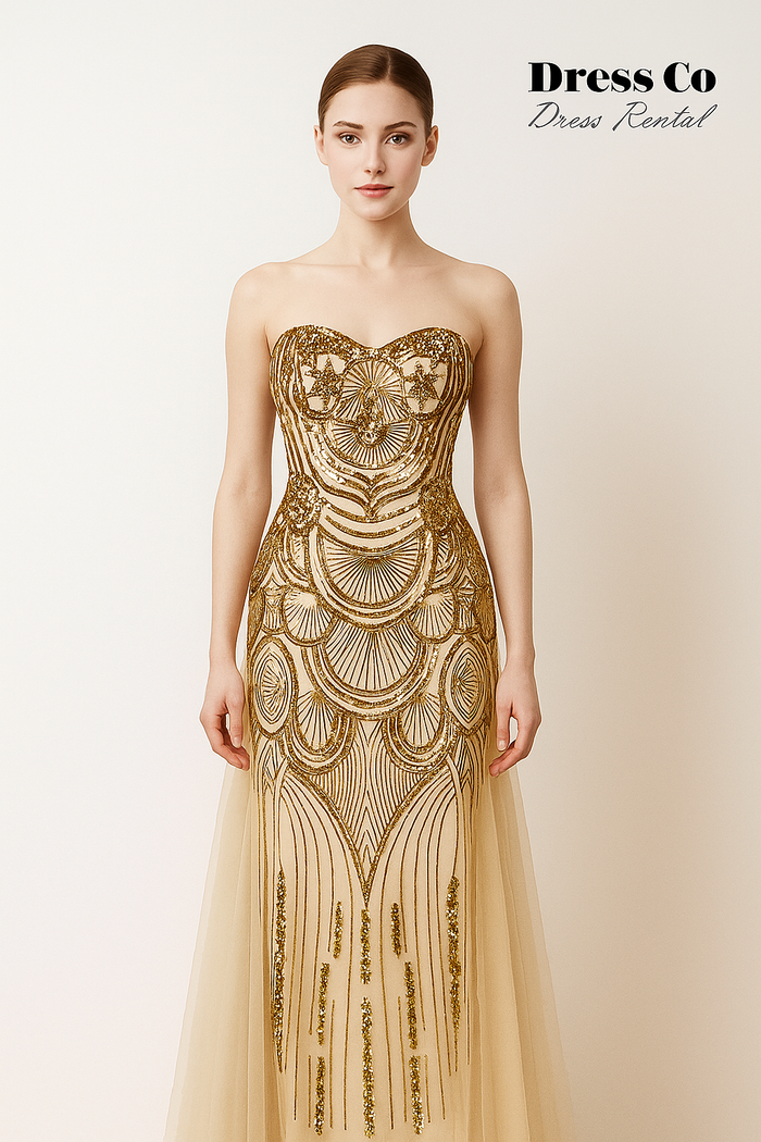 ชุดราตรียาวเกาะอกปักลายวิจิตร สีทองแชมเปญ Champagne Gold Embroidered Strapless Evening Gown