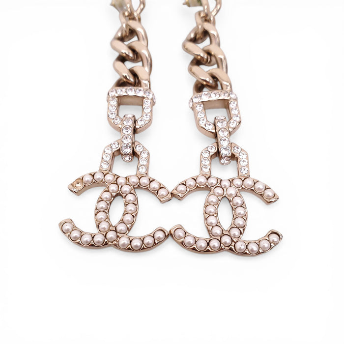 CHANEL CRYSTAL AND PEARL CC LOGO DROP EARRINGS