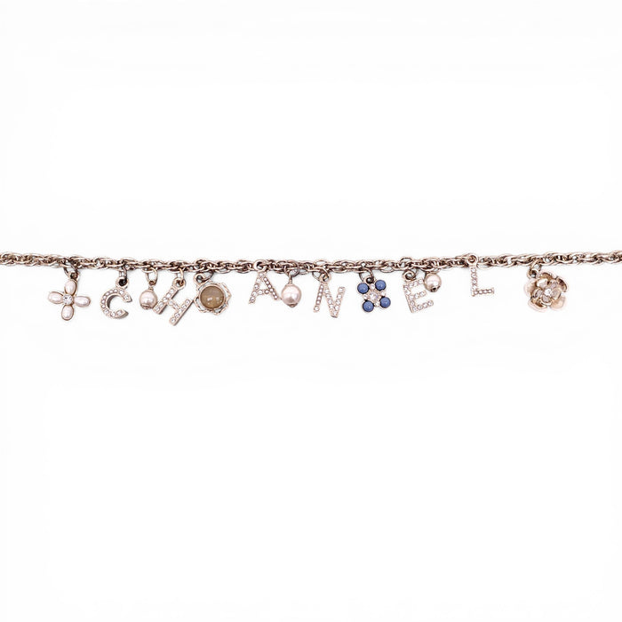 CHANEL GOLD LETTER CRYSTAL FLOWER CHAIN NECKLACE