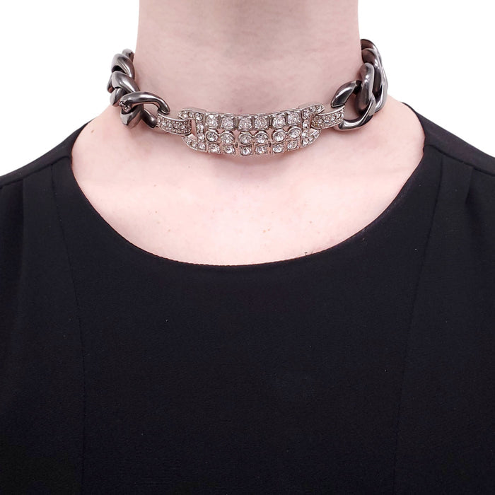 CHANEL SILVER CHAIN AND CRYSTAL CHOKER NECKLACE