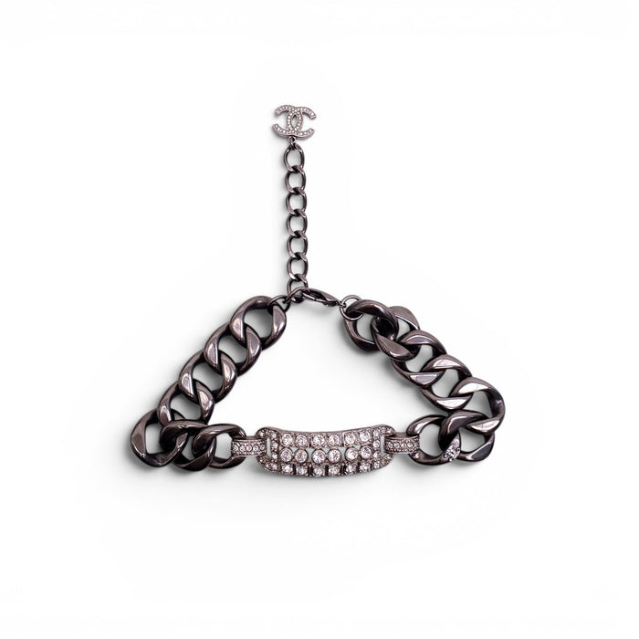 CHANEL SILVER CHAIN AND CRYSTAL CHOKER NECKLACE