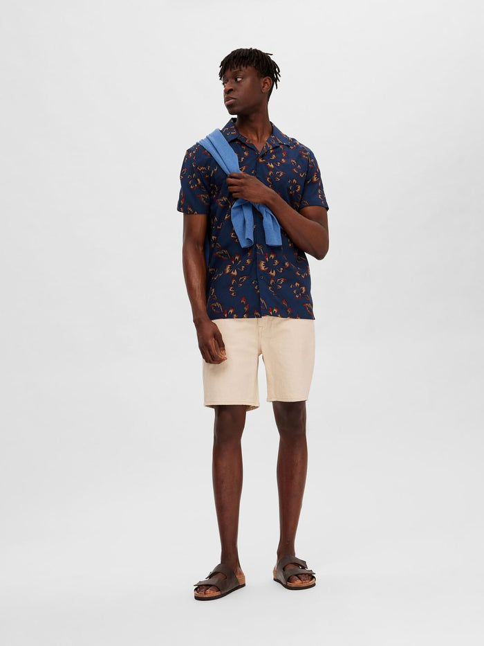 Dark Blue Floral Cuban Collar Shirt