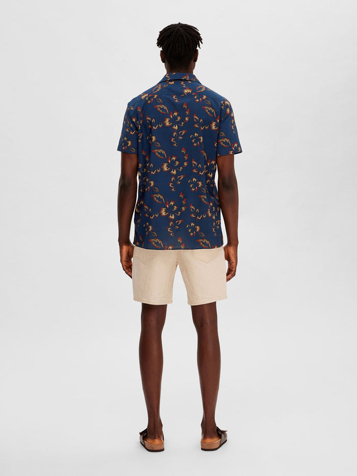 Dark Blue Floral Cuban Collar Shirt