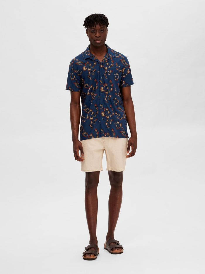 Dark Blue Floral Cuban Collar Shirt