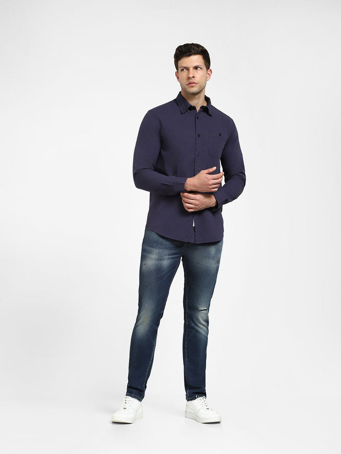 Dark Blue Striped Full Sleeves Shirt