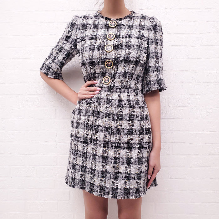 DOLCE & GABBANA TWEED DRESS WITH FLORAL BUTTON DETAIL - SIZE 6