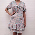 EDWARD ACHOUR PARIS TURQUOISE AND PINK TWEED DRESS WITH CRYSTAL AND PEARL BUTTONS - SIZE 42