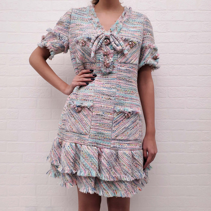 EDWARD ACHOUR PARIS TURQUOISE AND PINK TWEED DRESS WITH CRYSTAL AND PEARL BUTTONS - SIZE 42