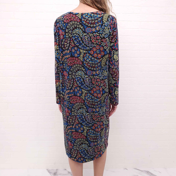 ETRO BLACK, BLUE, AND GREEN PATTERNED LONG SLEEVE MIDI DRESS - SIZE 46