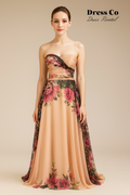 เดรสสายเดี่ยวลายดอกพีช | Floral Peach Chiffon Gown