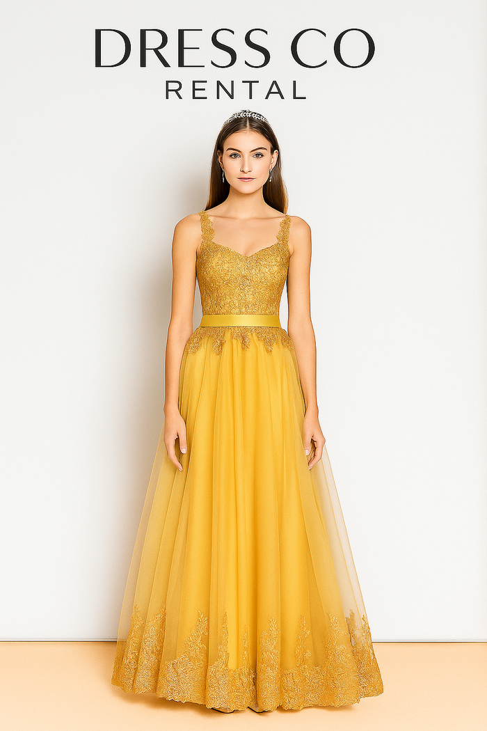 ชุดราตรีลูกไม้ปักทอง / Gold Lace & Tulle Overlay Dress