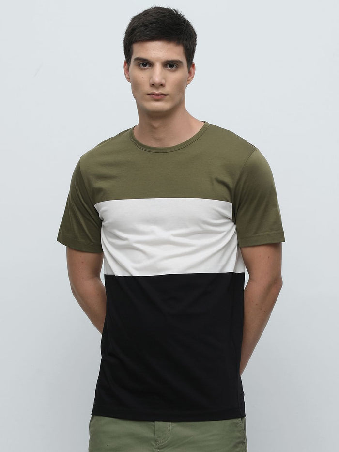 Green Colourblocked Crew Neck T-Shirt