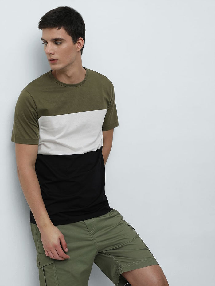 Green Colourblocked Crew Neck T-Shirt