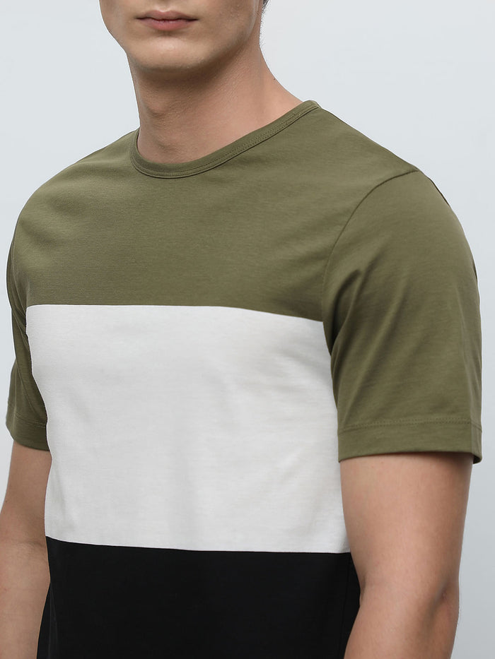 Green Colourblocked Crew Neck T-Shirt