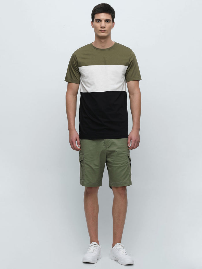 Green Colourblocked Crew Neck T-Shirt