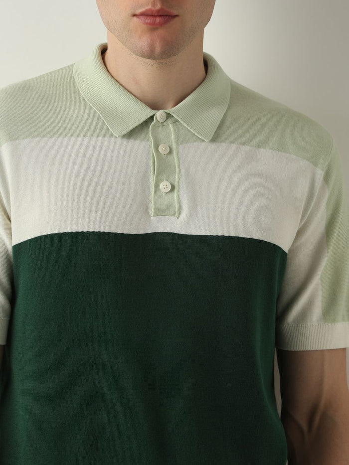 Green Colourblocked Knit Polo