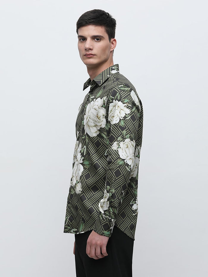 Green Floral Print Cotton Shirt