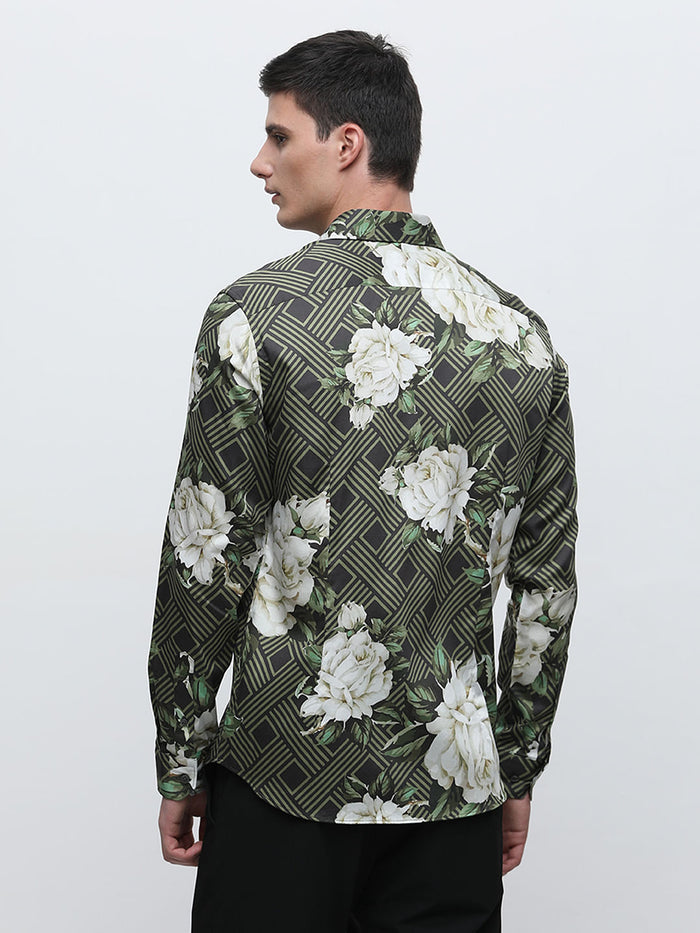 Green Floral Print Cotton Shirt
