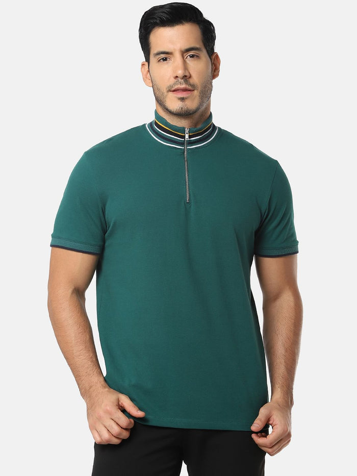 Green Zip Detail High Neck T-Shirt