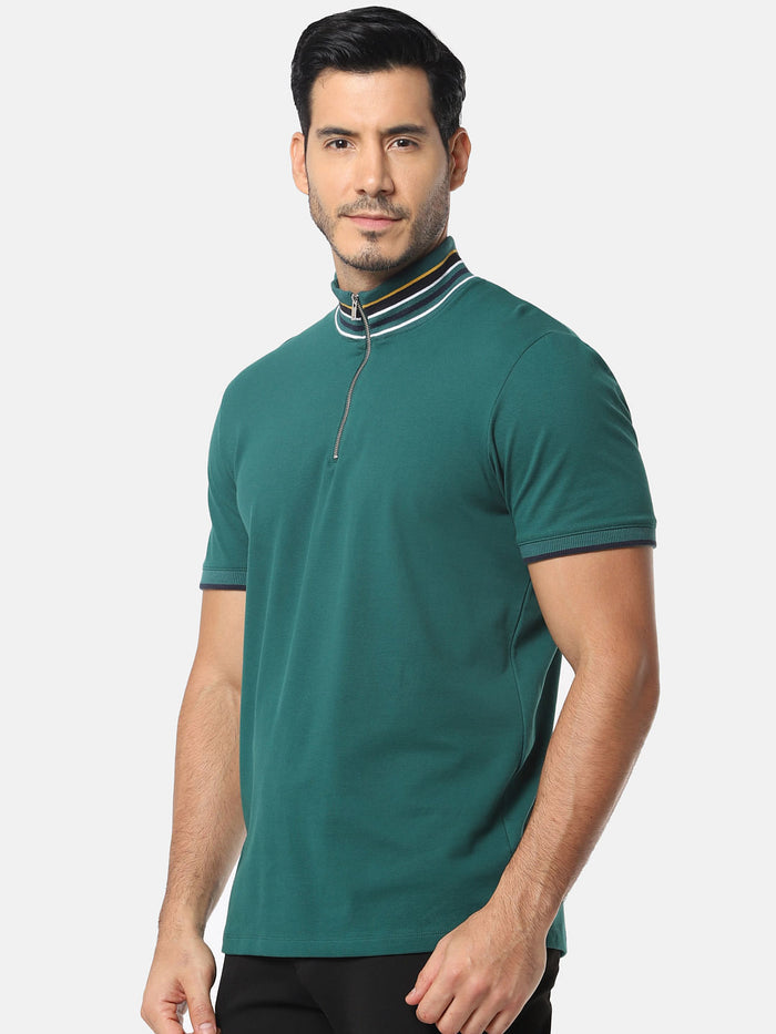 Green Zip Detail High Neck T-Shirt