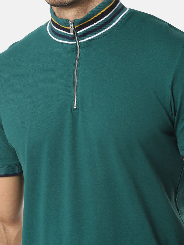 Green Zip Detail High Neck T-Shirt