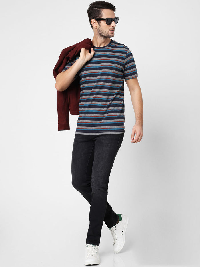 Grey Striped Crew Neck T-Shirt