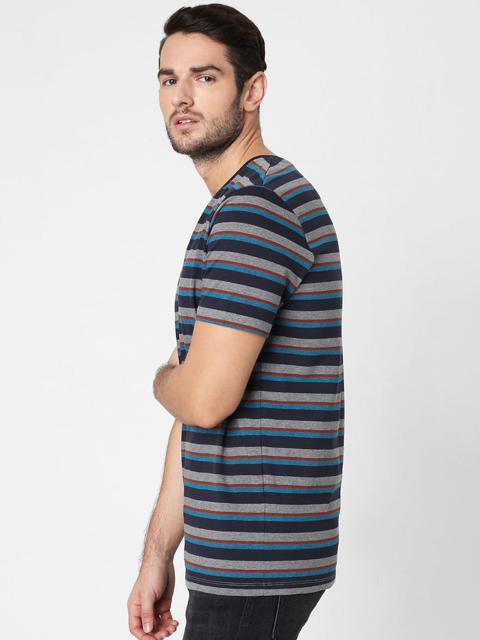 Grey Striped Crew Neck T-Shirt