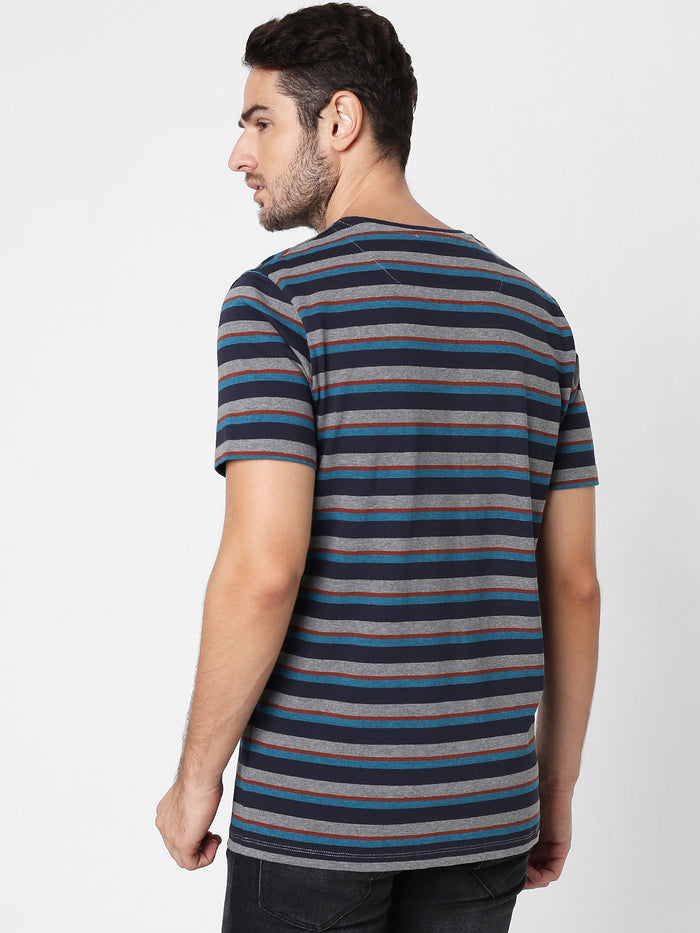 Grey Striped Crew Neck T-Shirt