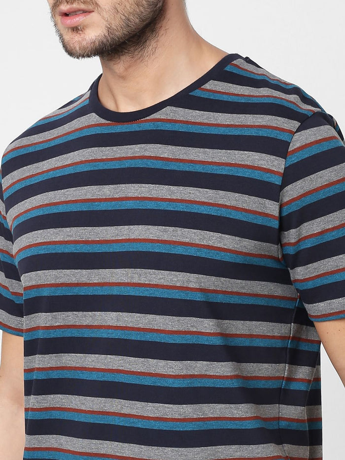 Grey Striped Crew Neck T-Shirt