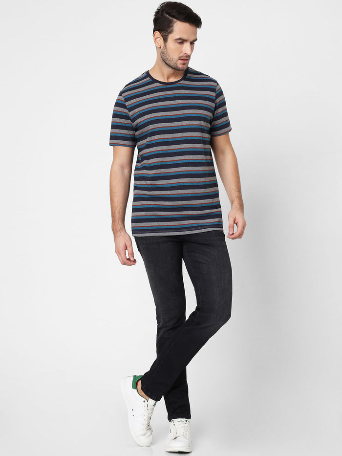 Grey Striped Crew Neck T-Shirt