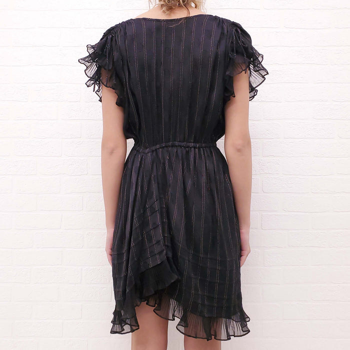 ISABEL MARANT BLACK PATTERNED DRESS WITH GOLD STITCHING DETAIL - SIZE 38